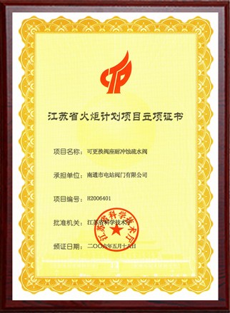 Certificate of Torch Project of Jiangsu Province