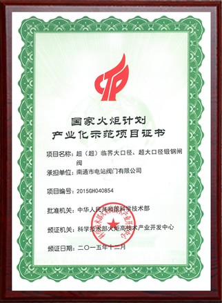 National Torch Plan industrialization demonstration project certificate